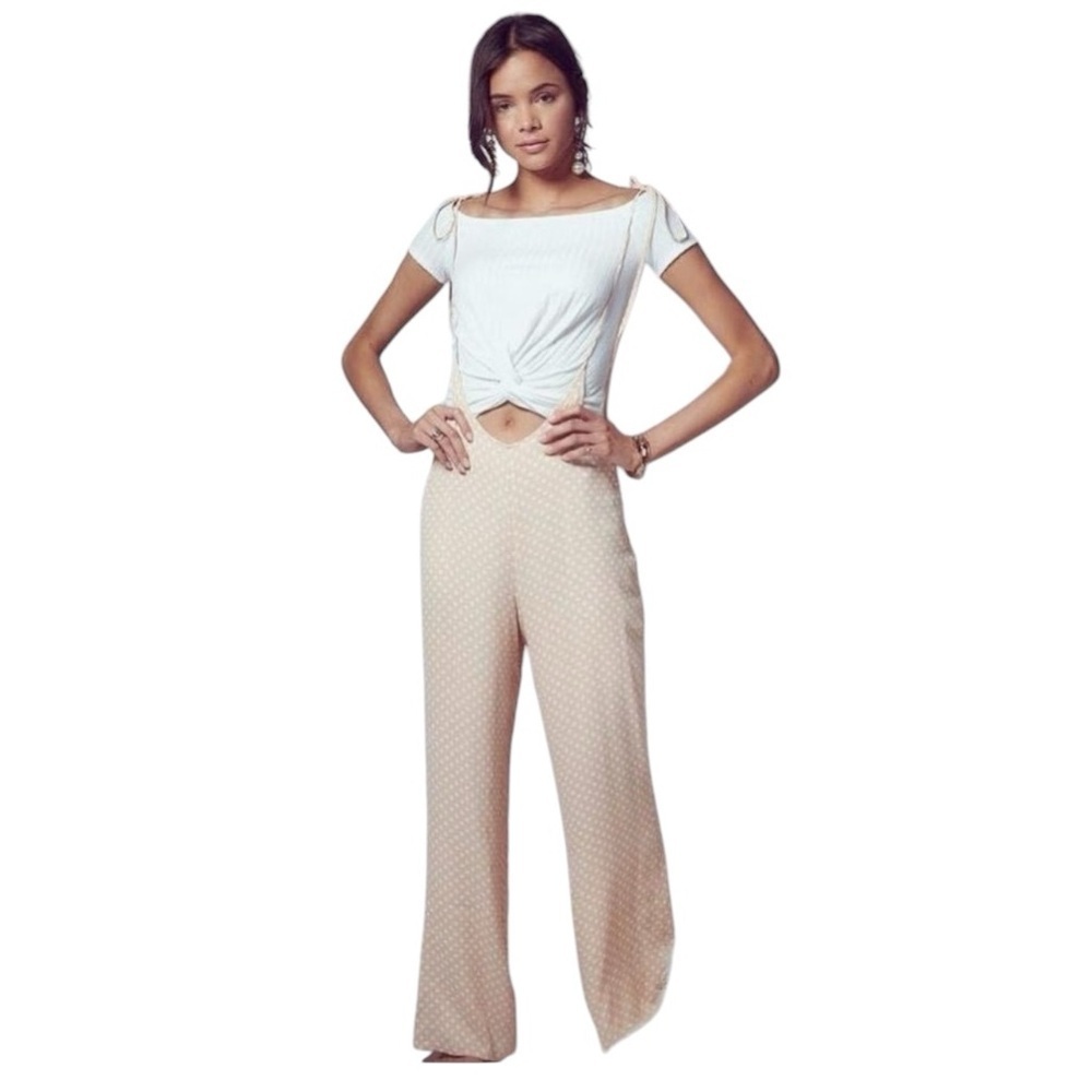 Sage The Label Diamonds & Pearls Overall Jumpsuit Blush Pink Polka Dot Wide Leg